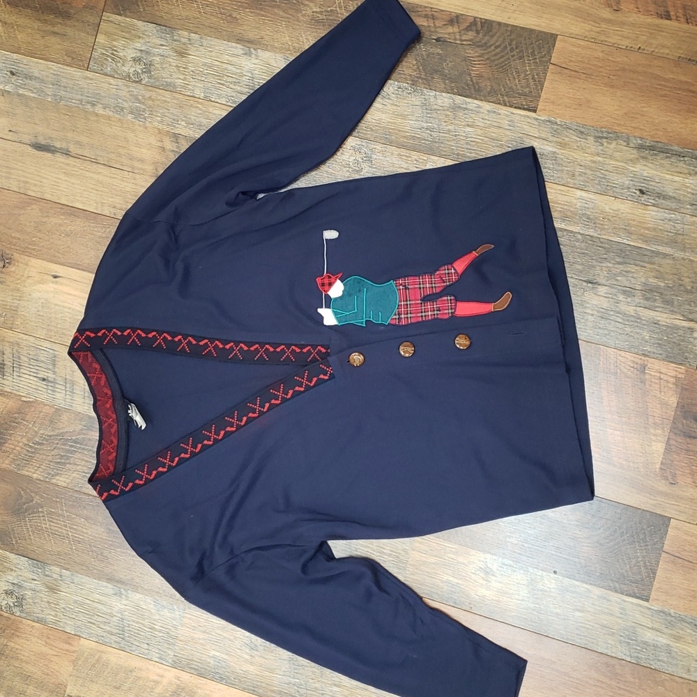 Vintage Ali Miles Petites Navy Blue Golf Themed Cotton Cardigan, Size Small